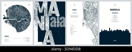Serie di poster di viaggio con Manila, mappa dettagliata della città, sagoma dello skyline della città, grafica vettoriale Illustrazione Vettoriale