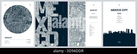 Serie di poster di viaggio con città del Messico, mappa dettagliata della città, sagoma dello skyline della città, grafica vettoriale Illustrazione Vettoriale