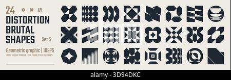 Elementi grafici geometrici astratti postmoderni, effetto vetro di rifrazione e distorsione di varie forme, forme vettoriali brutaliste, design retrò alla moda Illustrazione Vettoriale