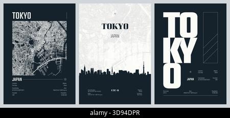 Serie di poster di viaggio con Tokyo, mappa dettagliata della città, sagoma dello skyline della città, grafica vettoriale, set 2 Illustrazione Vettoriale