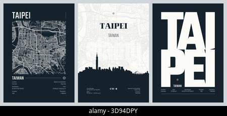 Set di poster di viaggio con Taipei, mappa dettagliata della città, silhouette dello skyline della città, grafica vettoriale, set 2 Illustrazione Vettoriale