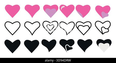 Contorno del set di cuori di colore nero rosa, set di cuori di San Valentino, Love Signs Illustration Vector Design Illustrazione Vettoriale