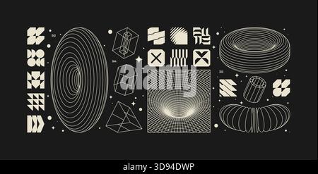 Kit di risorse grafiche vettoriali stile acido, forme geometriche astratte postmoderne con elementi wireframe di forme diverse, design alla moda Y2K con brutalismo Illustrazione Vettoriale