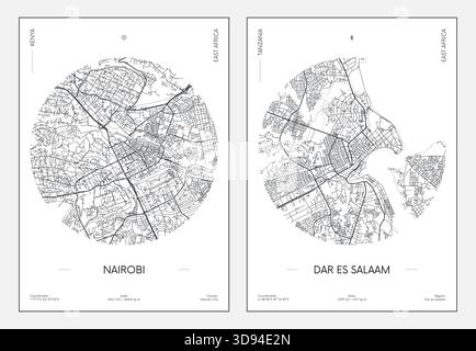 Poster di viaggio, mappa urbana della città di Nairobi e Dar es Salaam, illustrazione vettoriale Illustrazione Vettoriale
