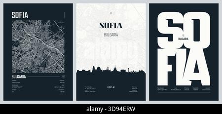 Serie di poster di viaggio con Sofia, mappa dettagliata della città, sagoma dello skyline della città, grafica vettoriale, set 2 Illustrazione Vettoriale