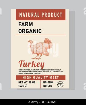 Etichetta di tacchino free range con opere d'arte rustiche di tacchino, texture naturali e dettagli alle erbe. Progettato per un marchio sano e di stagione. Illustrazione Vettoriale