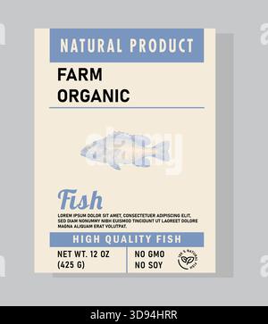 Etichetta di pesce fresco con pesce abbozzato a mano, sfumature blu morbide e consistenze organiche pulite. Ispirato al pesce sostenibile e alla semplicità costiera. Illustrazione Vettoriale