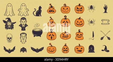 Grande set di 31 icone e silhouette di Halloween, dai fantasmi alle zucche in puro stile vettoriale retrò, perfetto per i design a tema Illustrazione Vettoriale