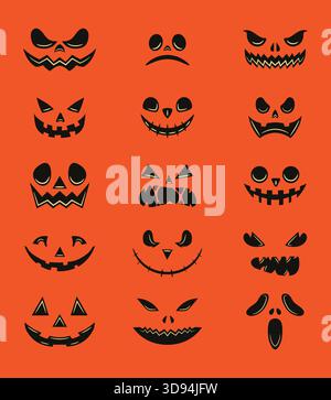 Un divertente set di 15 zucche cartoni animati si affaccia ciascuna con un'emozione diversa, perfetta per le illustrazioni di Halloween Illustrazione Vettoriale