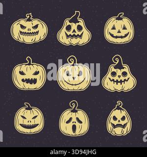 Set di zucche retrò di Halloween con incisioni tradizionali, perfette per loghi poster e illustrazioni a tema Illustrazione Vettoriale