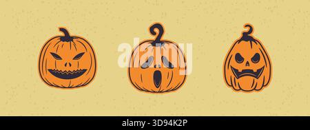 Divertenti zucche retrò di Halloween, ognuna con la propria espressione, perfetta per poster o adesivi Illustrazione Vettoriale