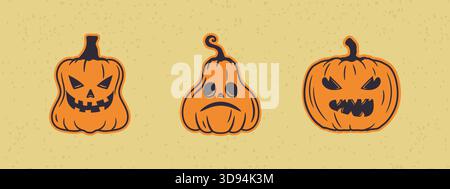 Divertenti zucche di Halloween con volti scolpiti retrò, ideali per loghi inviti e molto altro ancora Illustrazione Vettoriale