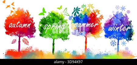 Gli alberi sono colorati in diversi periodi dell'anno. disegno a mano. Illustrazione non del vettore IA. Illustrazione Vettoriale