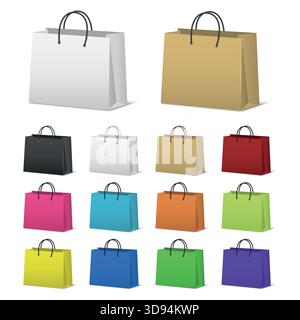 Set shopping bag a colori. Collezione di sacchetti per la spesa in carta colorata, icone vuote in colori diversi. Borse per acquisti vettoriali 3D. Illustrazione Vettoriale