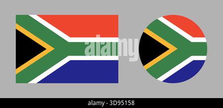 Set di pulsanti rettangolari a bandiera tonda per il Sudafrica. Simboli di bandiera rettangolari circolari. Bandiera del Sud Africa, icona. Collezione nazionale di cartelli. Illustrazione Vettoriale