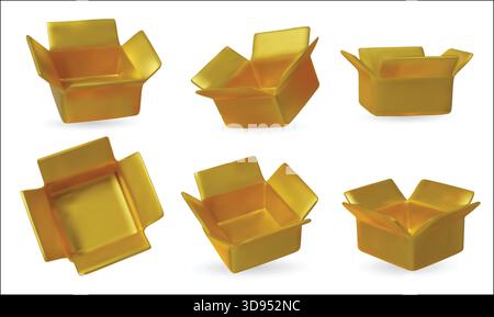 Set di confezioni regalo aperte dorate lucide in diverse angolazioni, perfette per design di packaging di lusso, branding, mockup e promozioni natalizie Illustrazione Vettoriale
