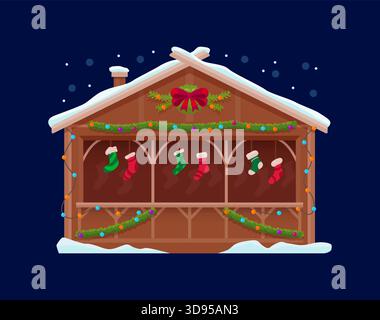 Banchina del mercatino di Natale con calze appese, ghirlande e tetto innevato. Accogliente stand invernale decorato per festeggiare le feste. Chiosco in legno vettoriale cartoni animati con colorate luci natalizie tradizionali Illustrazione Vettoriale
