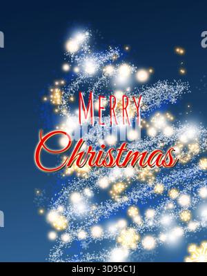 Luccicante albero di Natale formato da fiocchi di neve e luci su sfondo blu con rosso festoso buon Natale testo. Foto di alta qualità Foto Stock