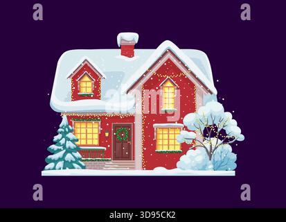 Inverno Natale innevato casa, villaggio o edificio cittadino. Cottage rosso innevato vettore cartoni animati con finestre lucenti, corona natalizia sulla porta, ghirlande e veranda, abeti rossi con rami innevati Illustrazione Vettoriale