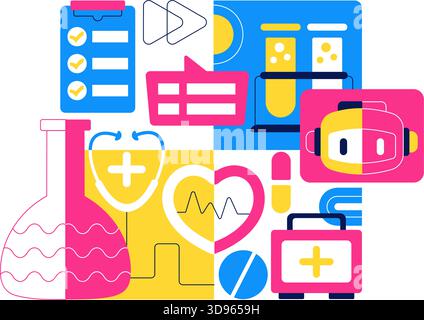 Illustrazione Robotic for Healthcare con robot utilizzati in medicina con integrazione di intelligenza artificiale, innovazione ospedaliera moderna e tecnologia sanitaria avanzata Illustrazione Vettoriale