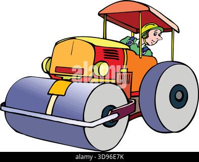 Un'illustrazione di un rullo arancione con tettuccio rosso, guidato da un lavoratore con elmetto giallo e uniforme verde Illustrazione Vettoriale
