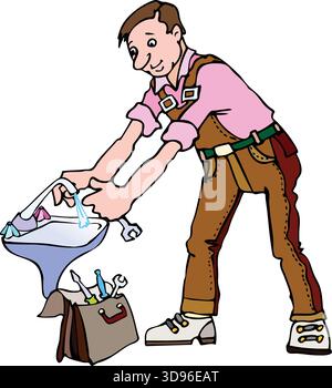 Immagine di un idraulico in una camicia rosa e di una tuta marrone che fissa un lavandino utilizzando una chiave sul rubinetto Illustrazione Vettoriale