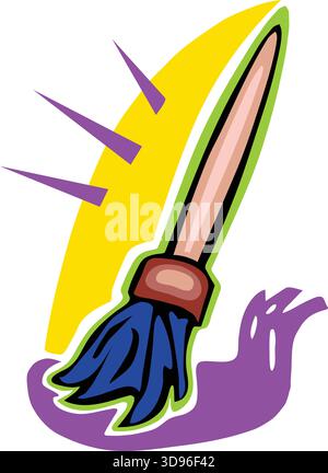 Illustrazione di un pennello con manico marrone e setole blu, su sfondo giallo Illustrazione Vettoriale