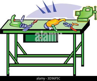 Un'illustrazione di un banco da lavoro con cassetto, che contiene vari utensili tra cui un trapano elettrico, un cacciavite, una smerigliatrice, pinze e una morsa Illustrazione Vettoriale