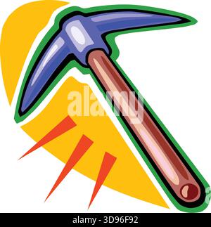 Illustrazione di un piccone con testa blu e manico marrone, su sfondo giallo in stile cartone animato Illustrazione Vettoriale