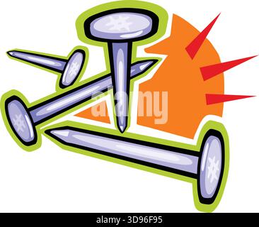 Un'illustrazione di chiodi blu con teste piatte, su sfondo arancione con accenti triangolari rossi in stile cartone animato Illustrazione Vettoriale