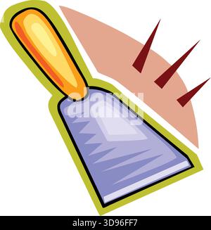 Illustrazione di una cazzuola con lama blu e manico giallo, posizionata su uno sfondo pesca in stile cartone animato Illustrazione Vettoriale