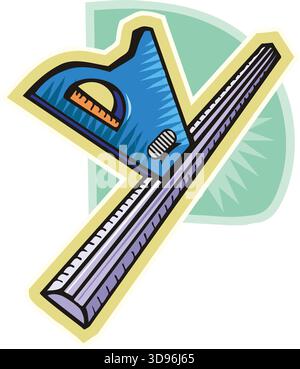 Illustrazione di un quadrato combinato con maniglia blu e righello metallico in stile cartone animato Illustrazione Vettoriale