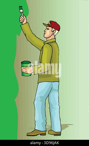 Un'illustrazione di un pittore che indossa un cappello e una giacca, che dipinge una parete con un pennello e tiene una lattina di vernice Illustrazione Vettoriale