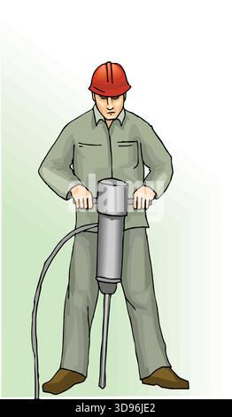 un operaio edile che indossa un elmetto rosso e un'uniforme verde, che aziona un martello pneumatico Illustrazione Vettoriale