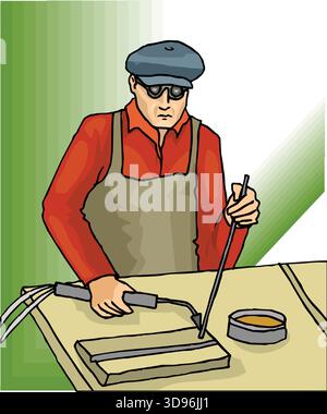 un saldatore che indossa occhiali protettivi e lavora con una torcia di saldatura su un pezzo di metallo su un banco da lavoro Illustrazione Vettoriale