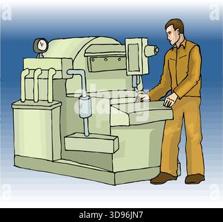 illustrazione di un macchinista che utilizza una grande macchina industriale con calibri e tubi Illustrazione Vettoriale