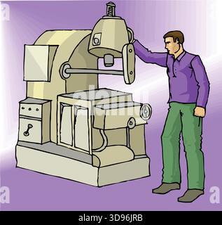 illustrazione di un macchinista che utilizza una grande macchina industriale con calibri e tubi Illustrazione Vettoriale