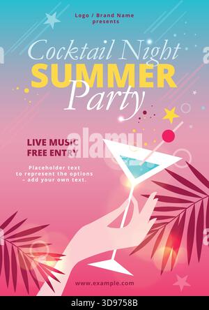 Cocktail Night Summer Party poster con colori blu e rosa, foglie di palma, luce al neon dinamica, stelle e drink elegante in mano femminile - misura A0 Illustrazione Vettoriale