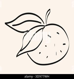 Un disegno minimalista di un'arancia con due foglie verdi. Il design è caratterizzato da semplici linee nere su un morbido sfondo chiaro, ideale per l'arte moderna o. Illustrazione Vettoriale