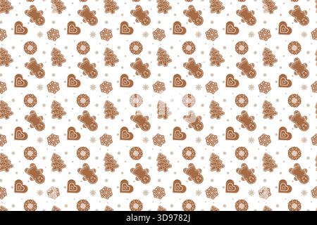 Perfetto schema di vacanza con uomini di pan di zenzero, alberi, cuori, fiocchi di neve e biscotti rotondi. Design festivo marrone e bianco Illustrazione Vettoriale