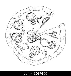 Illustrazione vettoriale di una pizza condita con fette di salame, pepe, foglie di basilico e anelli di cipolla. Il lavoro dettagliato si adatta a menu', cucina Italiana Illustrazione Vettoriale