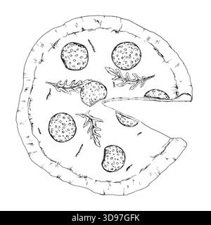 Illustrazione vettoriale di una pizza condita con fette di salame e foglie di rucola, mostrata con una fetta rimossa. Il lavoro in linea sottile lo rende adatto per i menu Illustrazione Vettoriale
