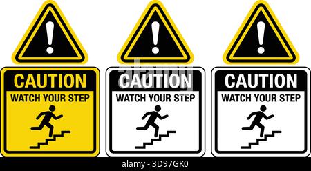 Osservare il cartello gradino, l'avvertenza, l'icona di pericolo di inciampo, la prevenzione delle cadute, la segnaletica di sicurezza, design vettoriale, isolamento, grafica di avviso sul luogo di lavoro Illustrazione Vettoriale