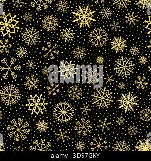 Motivo vettoriale nero senza cuciture con fiocchi di neve dorati per l'inverno e il Natale Illustrazione Vettoriale