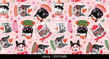 Gatti di Natale con maglioni bruschi e felpe di Babbo Natale fantasia senza cuciture, sfondo di animali festivi per feste, banner e avvolgimento Pa Illustrazione Vettoriale