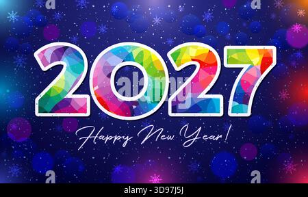 Felice anno nuovo 2027 cartolina design. Sfondo delle vacanze con elementi astratti, bokeh e fiocchi di neve. Numero luminoso isolato. Illustrazione Vettoriale