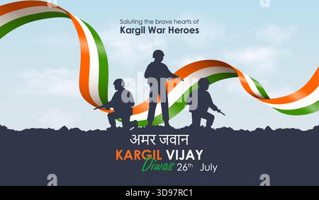 Poster di Kargil vijay Diwas. Sagome di personale militare sullo sfondo della bandiera indiana. Patriottismo e libertà. Copertina o banner per il sito Web Illustrazione Vettoriale