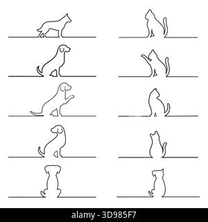 Serie di immagini lineari di cani e gatti su sfondo bianco. Illustrazione Vettoriale