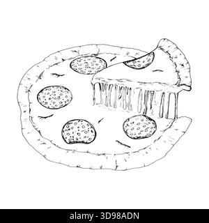Illustrazione vettoriale di una pizza intera condita con fette di salame, dove un pezzo viene sollevato per mostrare lunghe fette di formaggio fuso. Ideale per le icone dei menu Illustrazione Vettoriale