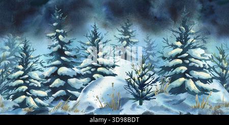 Illustrazione ad acquerello della foresta invernale con abeti innevati. Il panorama naturale delle festività natalizie per il modello di design dei biglietti d'auguri. Mano Foto Stock